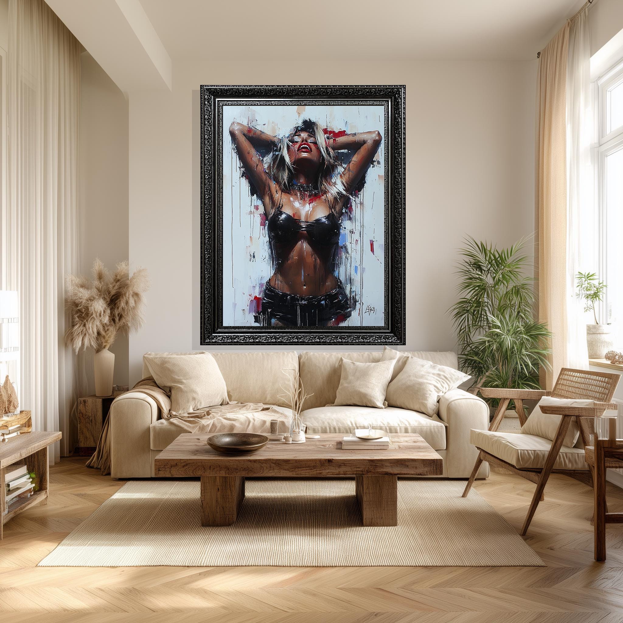 Sensual Woman Canvas Print – Bold Expressionist Style Erotic Wall Art, Leather Fashion