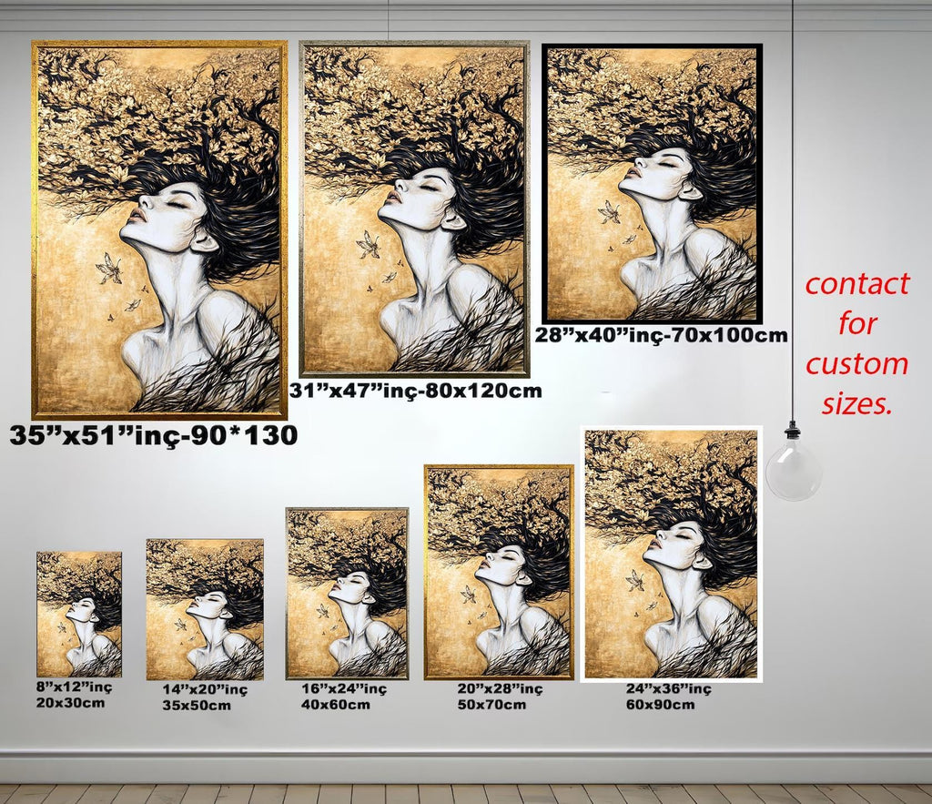 Women Wall Art – Gold Black Abstract Portrait | Elegant Feminine Canvas Decor