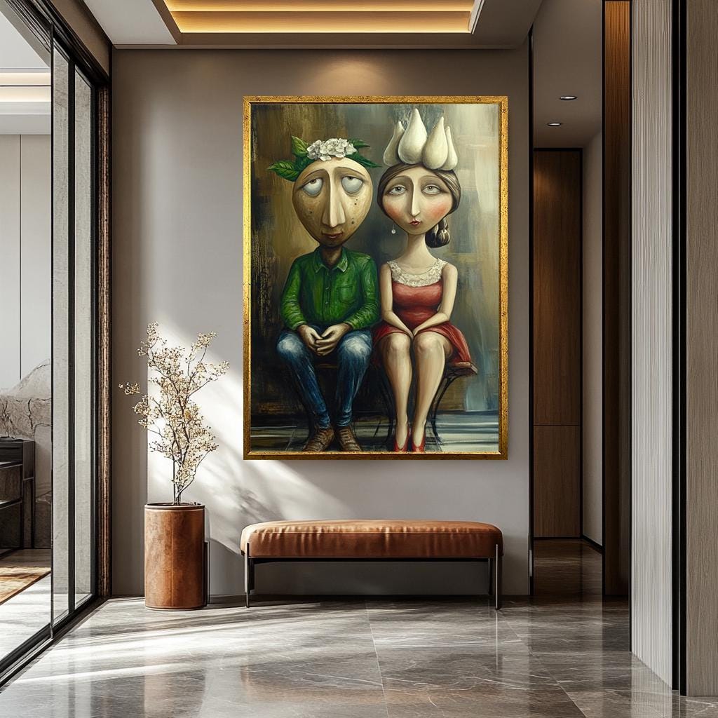 Quirky Couple Wall Art - Unique Romantic Canvas Print | Whimsical Surreal Painting