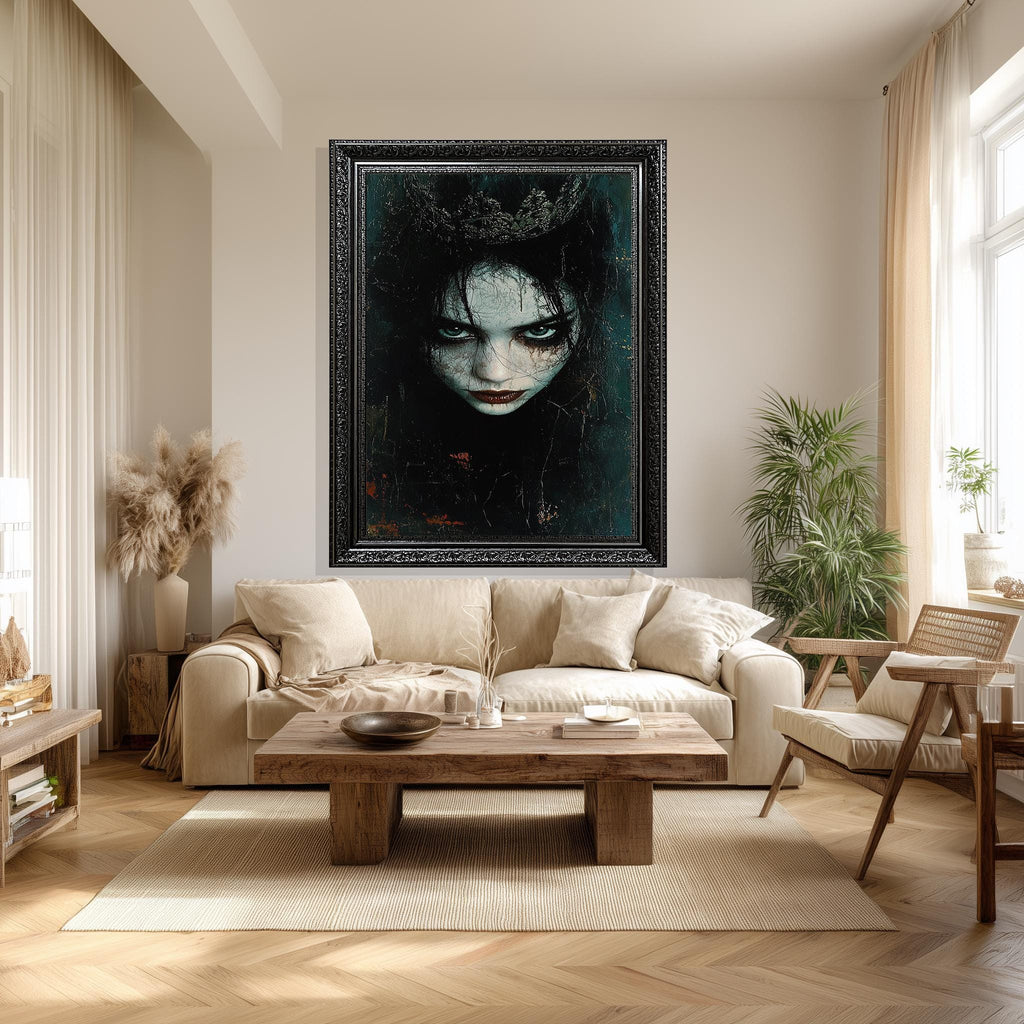 Gothic Woman Canvas Print – Dark Fantasy Portrait with Blue Eyes & Crowned Skin