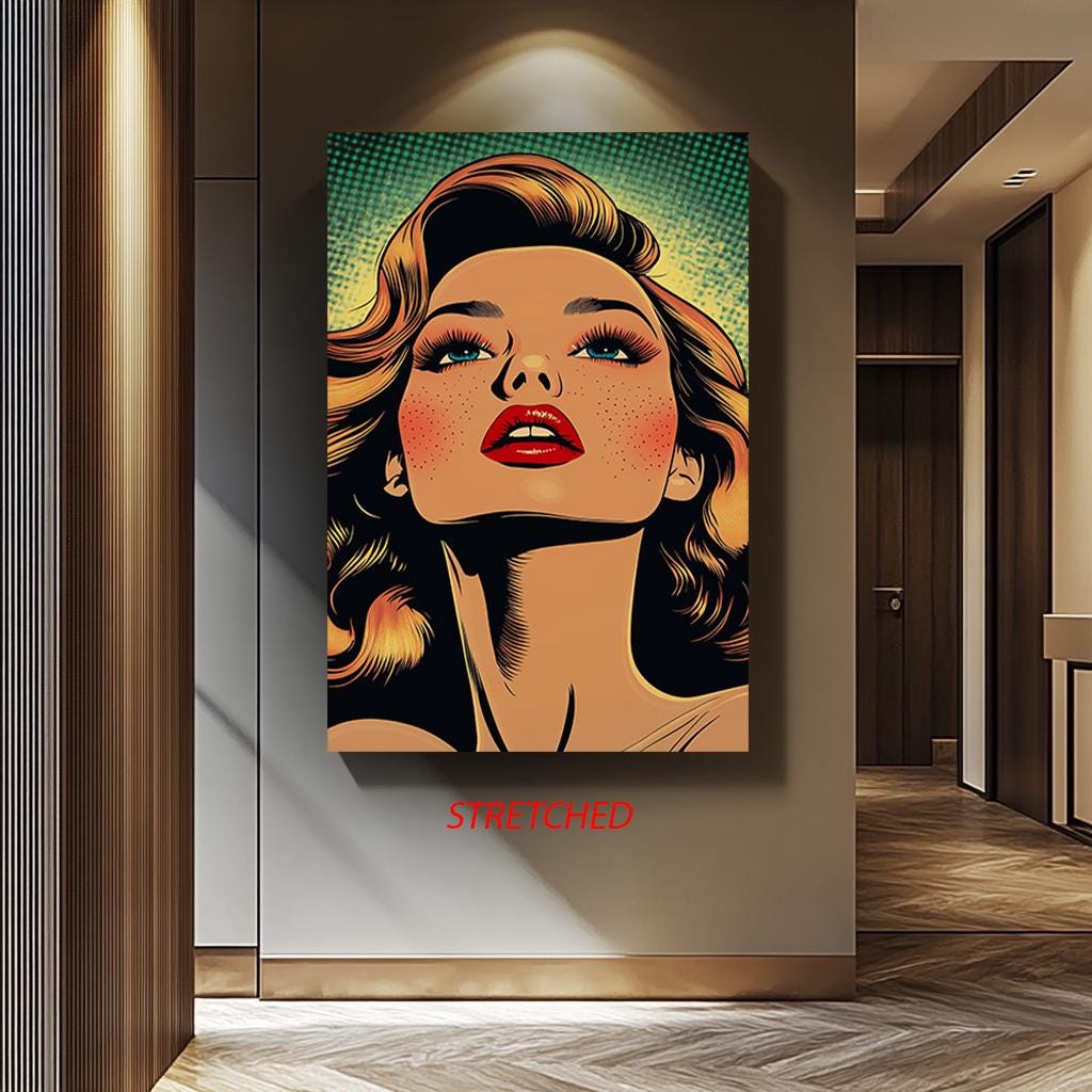 Pop Art Canvas Print – Retro Woman Artwork with Bold Red Lips & Freckles, Ready to Hang