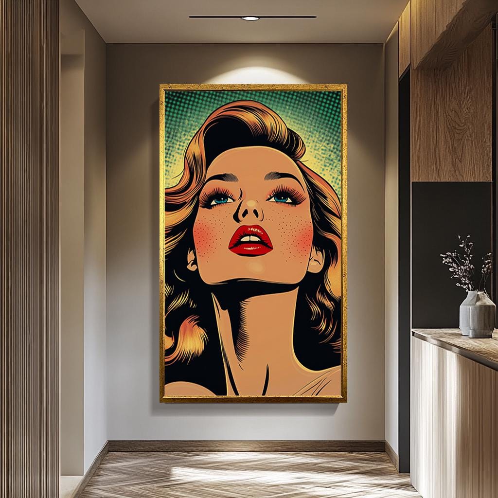 Pop Art Canvas Print – Retro Woman Artwork with Bold Red Lips & Freckles, Ready to Hang