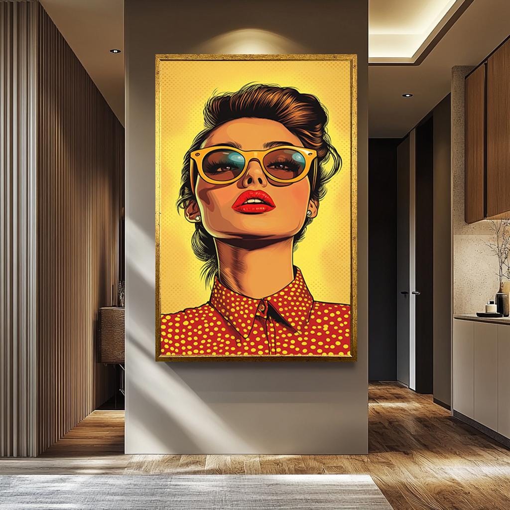 Pop Art Canvas Print – Bold Woman in Sunglasses | Retro Yellow Polka Dot Wall Art