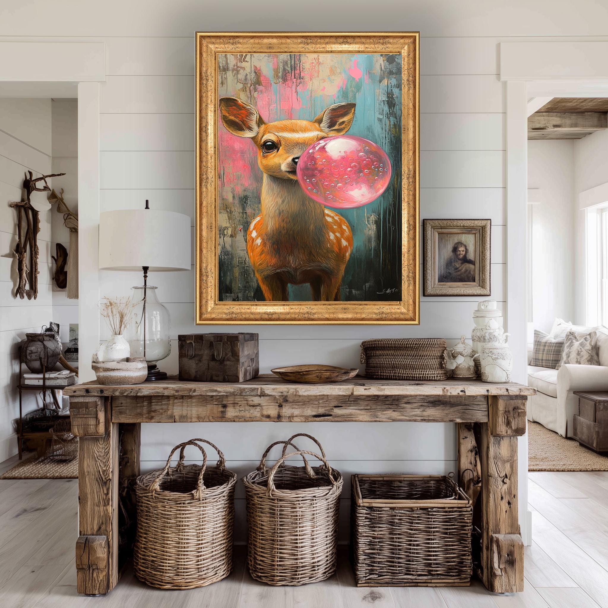 Deer Blowing Bubblegum Canvas – Cute Animal Nursery Wall Art with Colorful Grunge Background