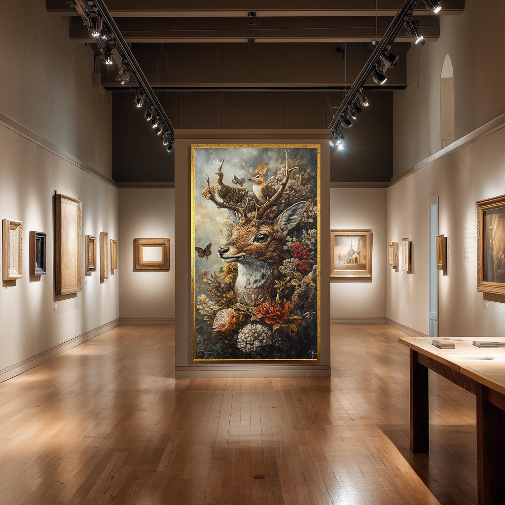 Vintage Deer Canvas – Woodland Animal Print with Butterflies, Rabbits & Flowers