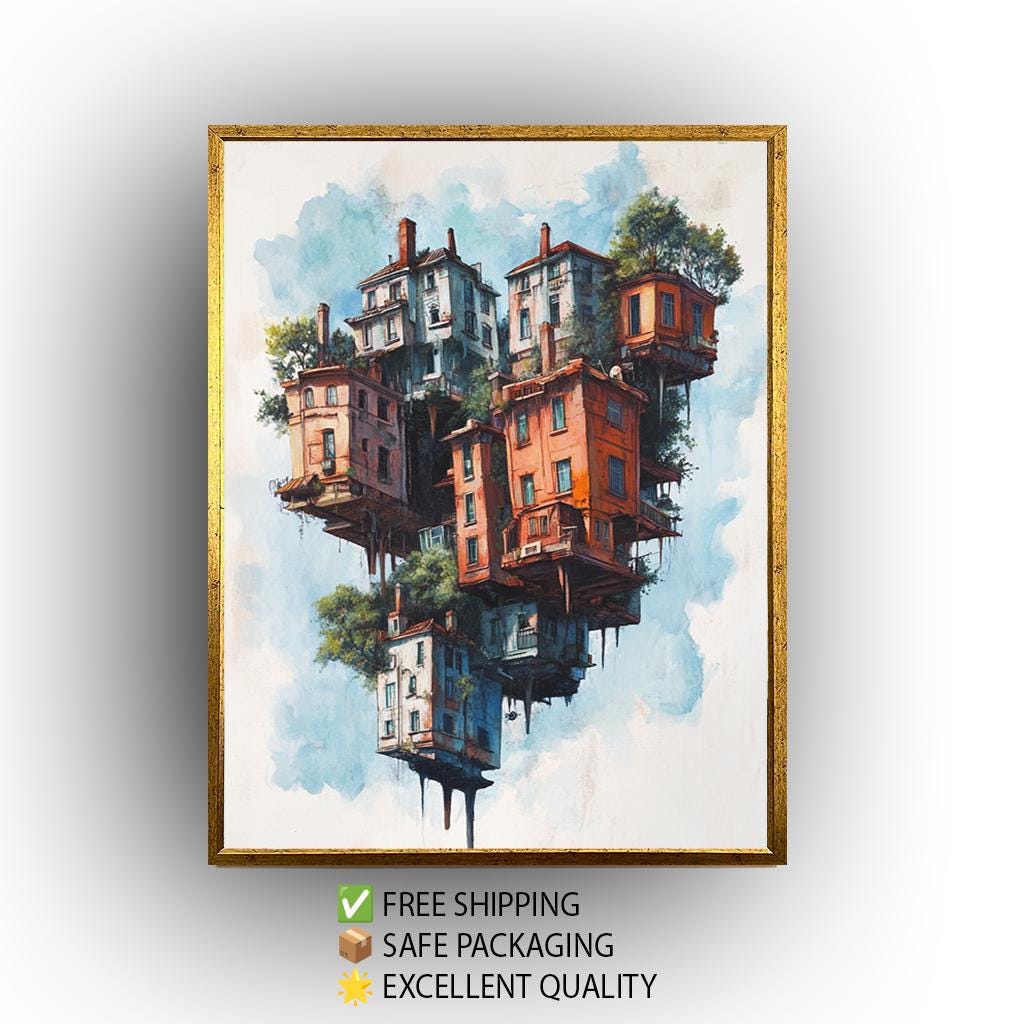 Floating Houses Canvas Art – Surreal Architecture Print With Colorful Sky Island