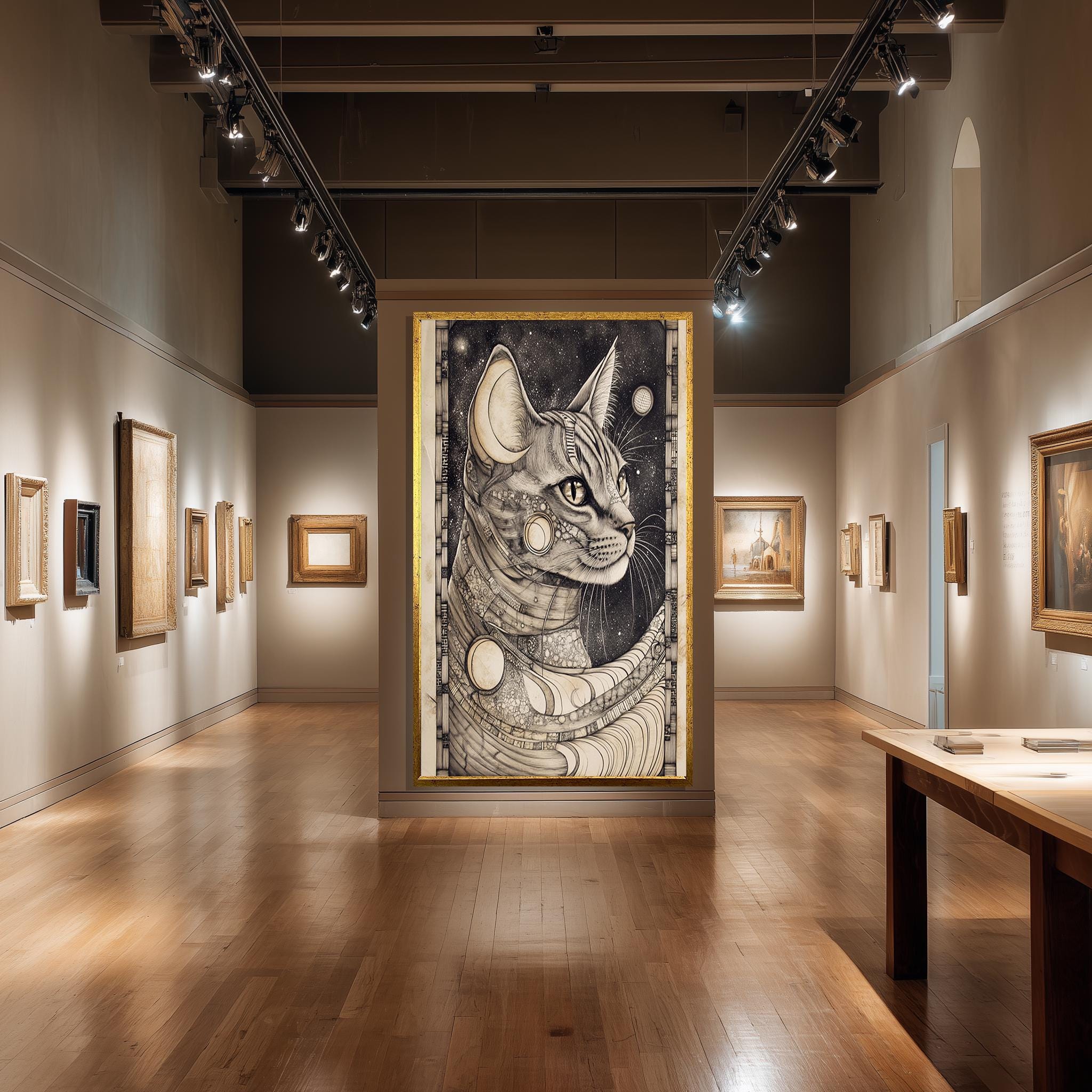 Art Nouveau Cat Canvas - Cosmic Cat Wall Art With Celestial Moon Phases