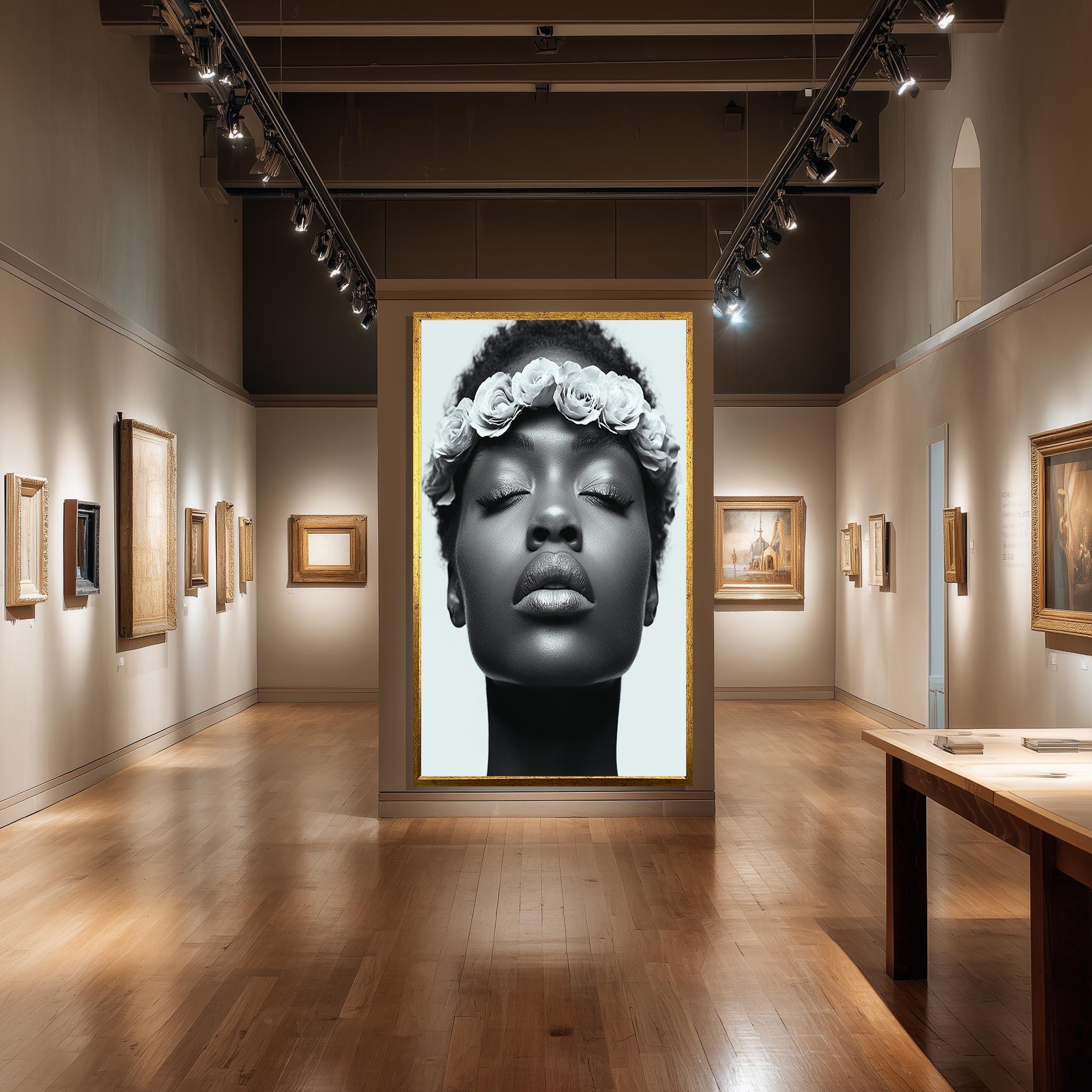 Black Woman Canvas Print – Monochrome Wall Art With Rose Crown Portrait