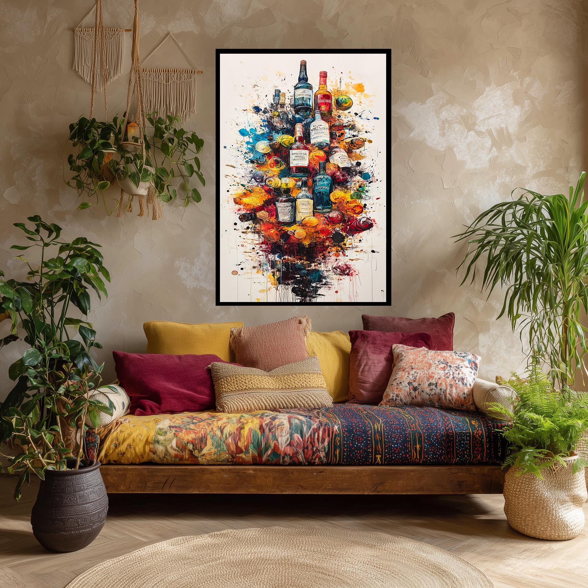 Colorful Liquor Bottle Art – Abstract Bar Wall Canvas Print | Vibrant Alcohol Decor