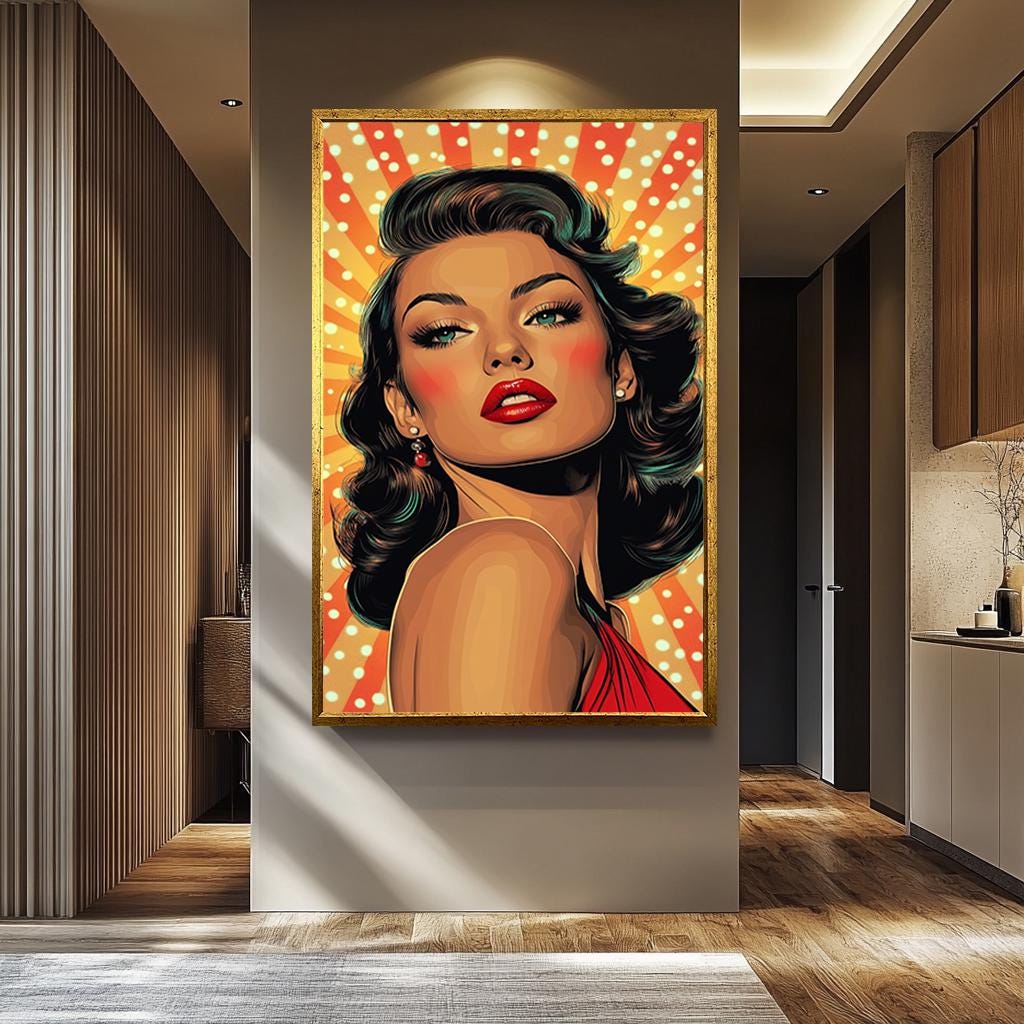 Pop Art Canvas Print – Glamorous Woman Retro Wall Art With Bold Makeup & Red Lips