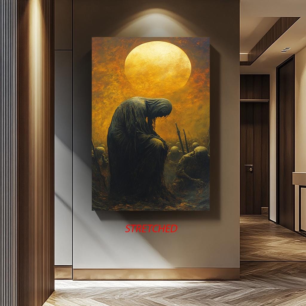 Dark Fantasy Canvas Print – Hooded Figure Artwork with Apocalyptic Skeleton Army & Golden Moon