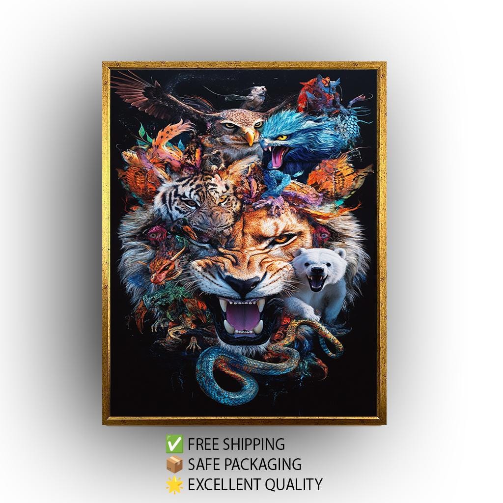 Animal Collage Wall Art – Bold Wildlife Canvas Print Featuring Lion, Tiger & Mythical Creatures