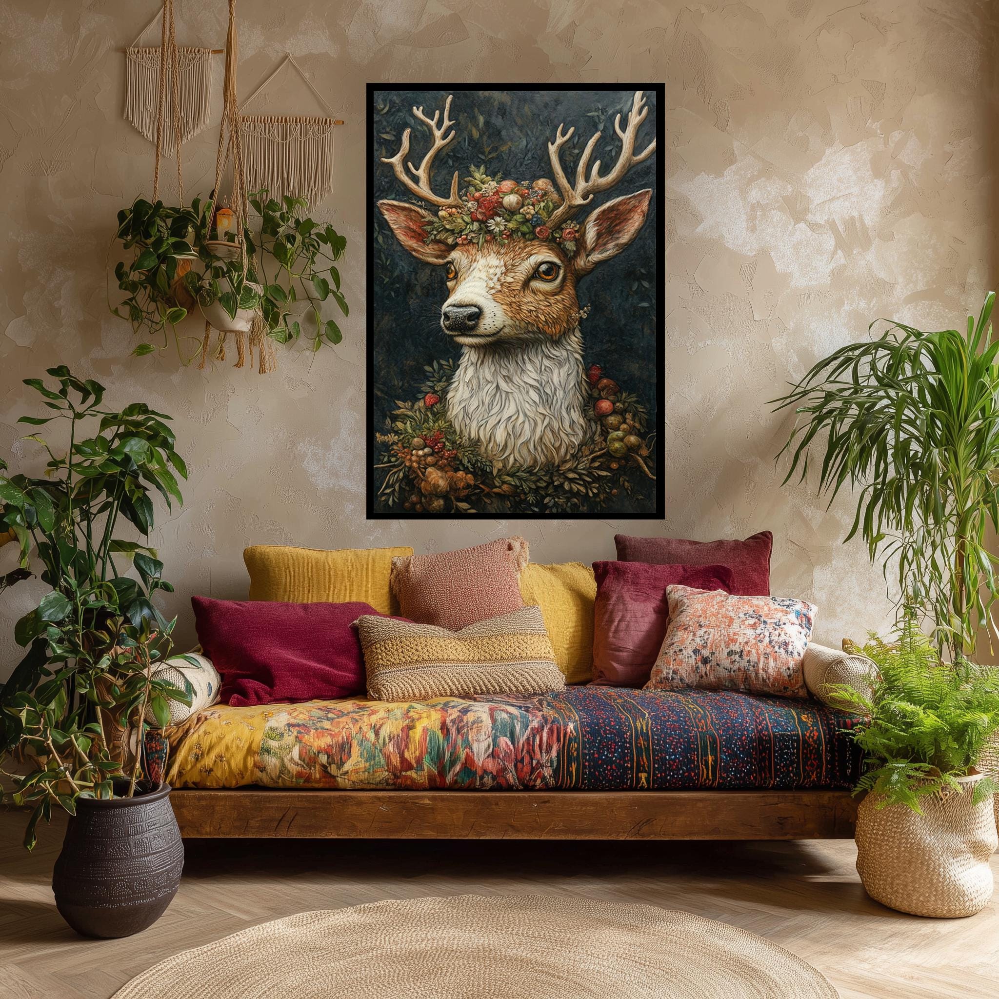 Rustic Deer Canvas Print - Floral Antler Wall Art | Boho Cottagecore Decor
