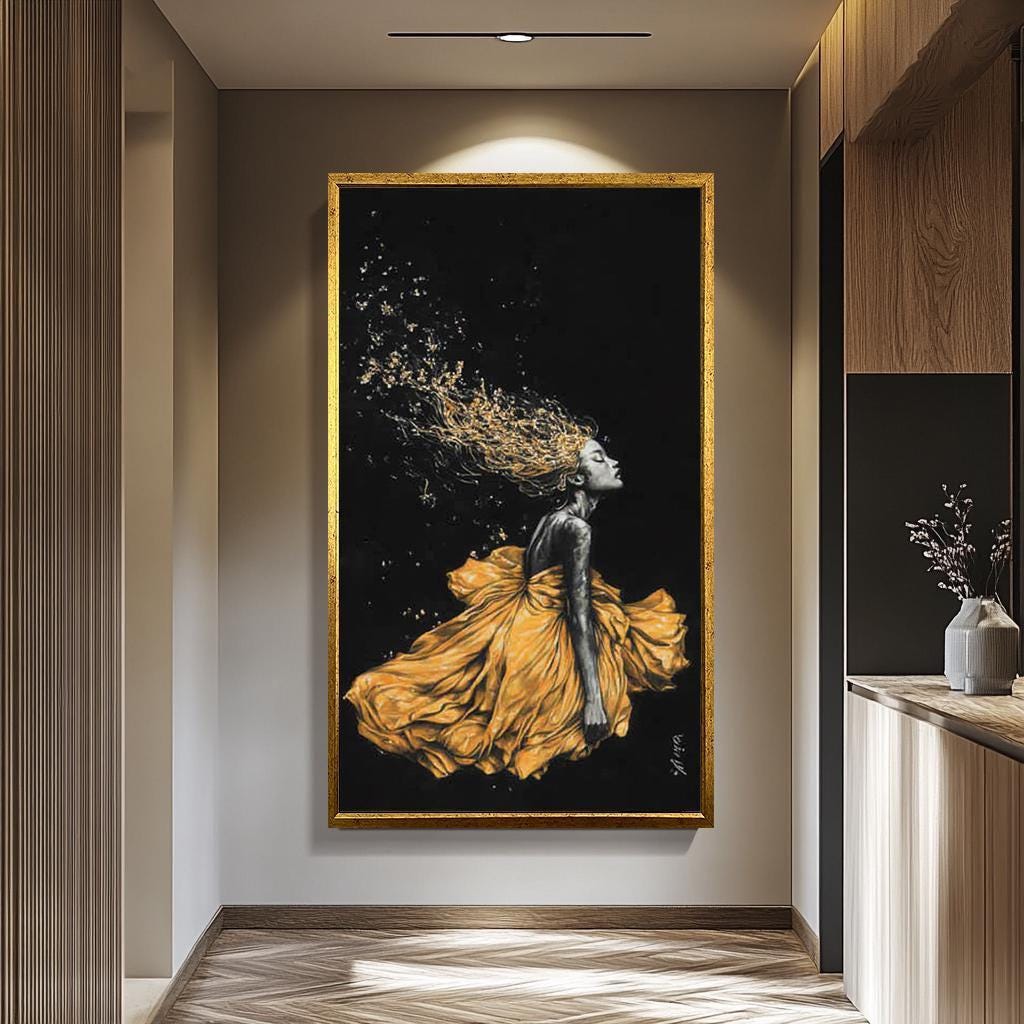 Golden Women Wall Art – Abstract Female Portrait Canvas | Black Gold Modern Decor