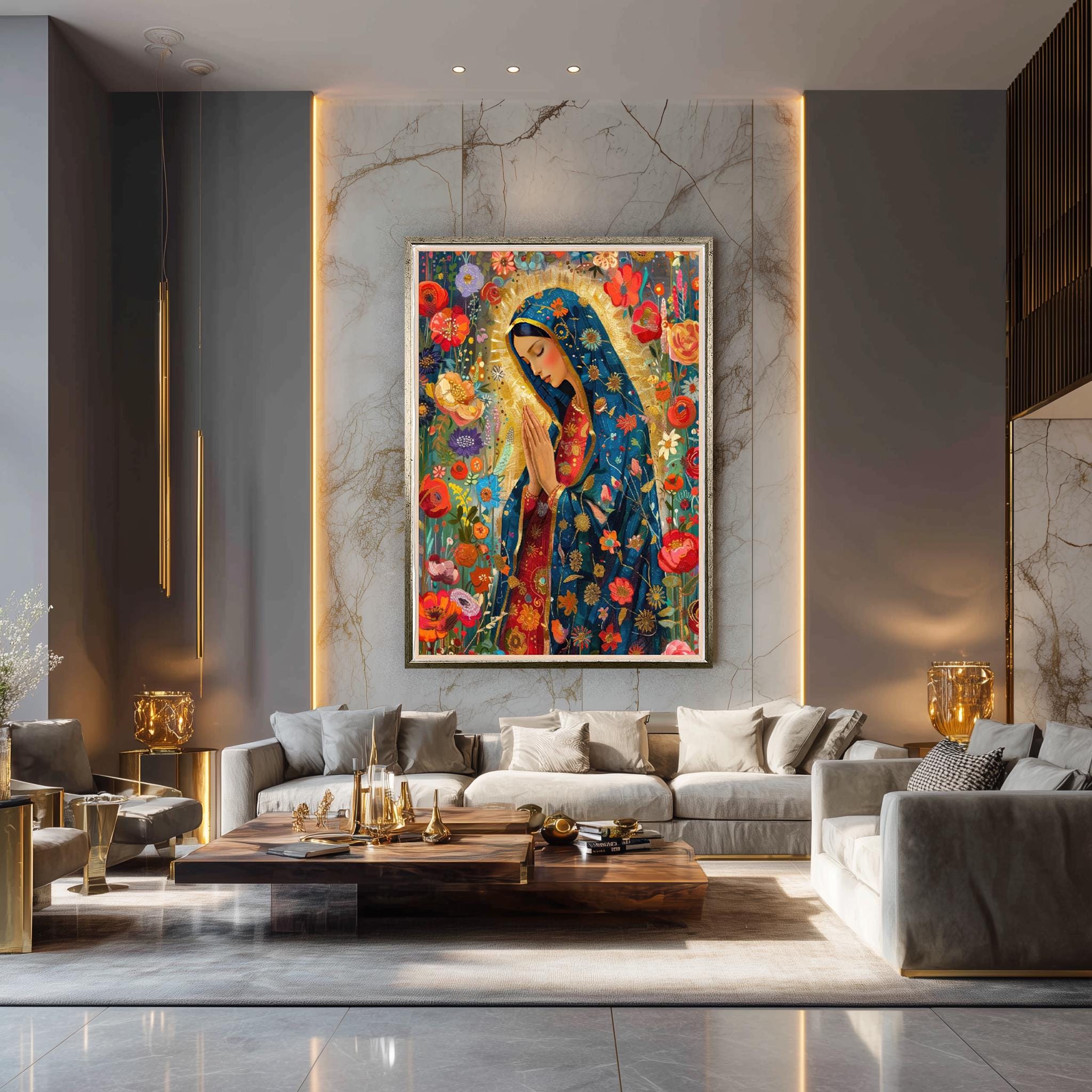 Virgin Mary Canvas Art – Floral Catholic Wall Decor with Gold Accent Canvas Print