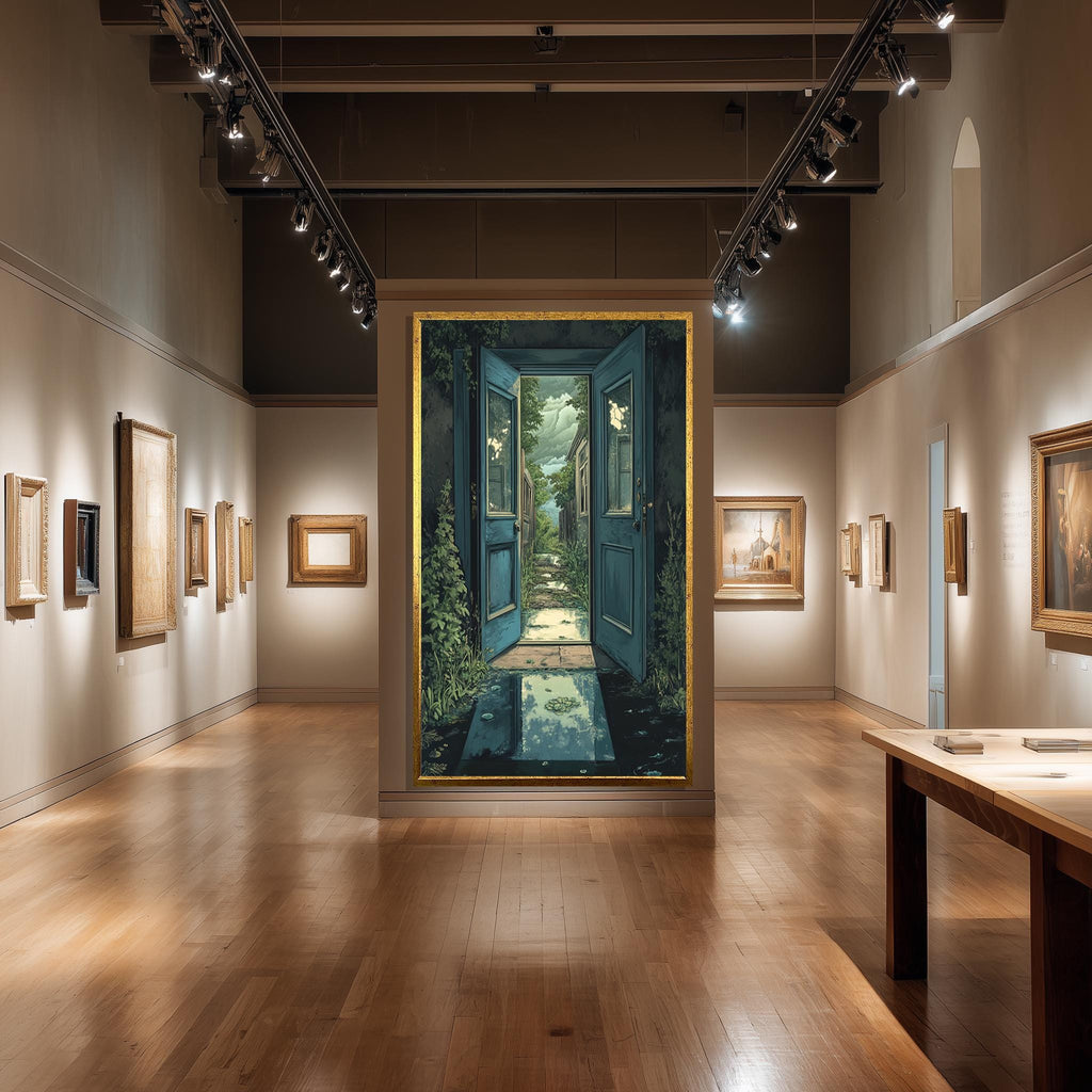 Surreal Open Door Art – Enchanted Door Canvas with Dreamlike Wall Decor & Mystical Garden Print