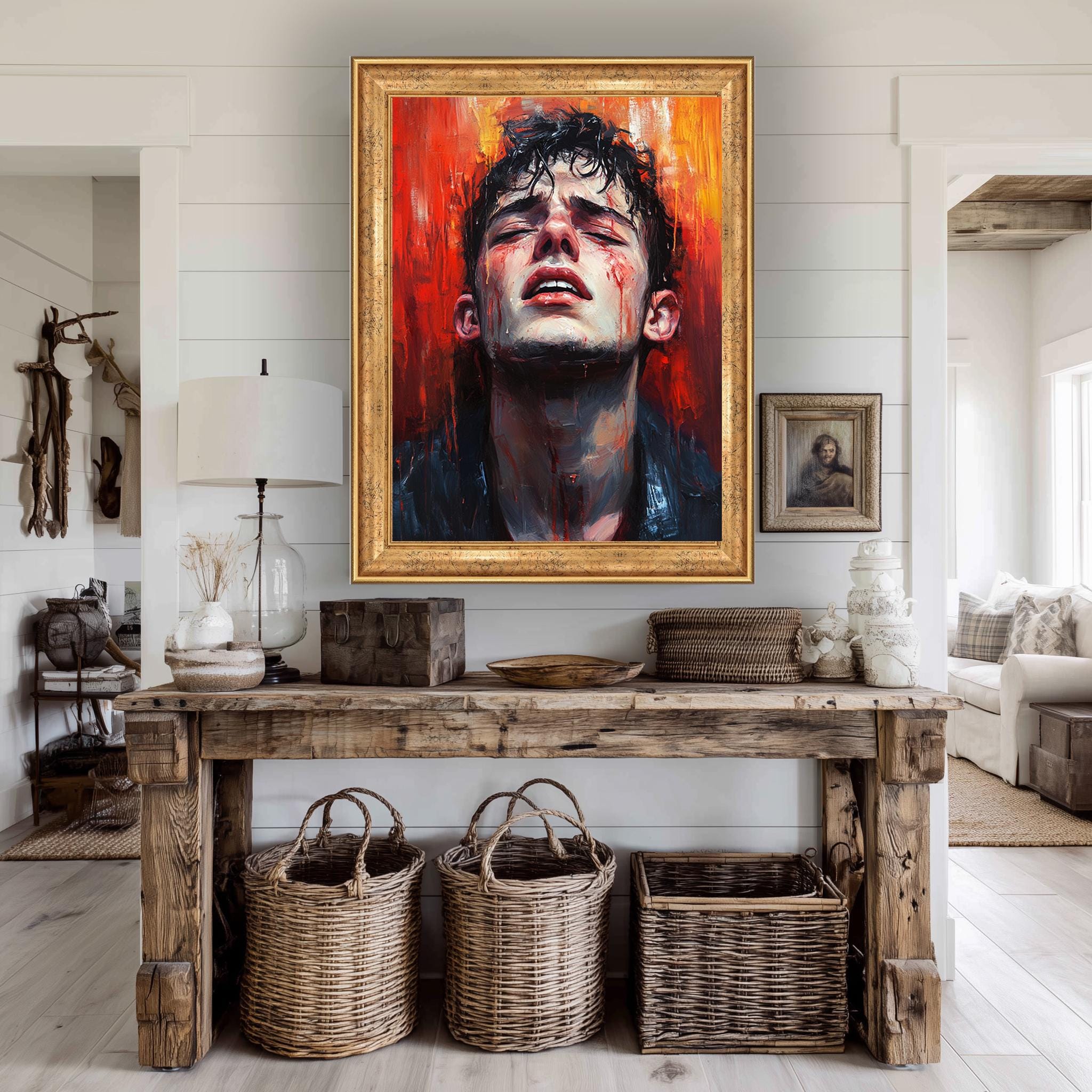 Emotional Male Portrait - Red Abstract Canvas | Bold Figurative Wall Art