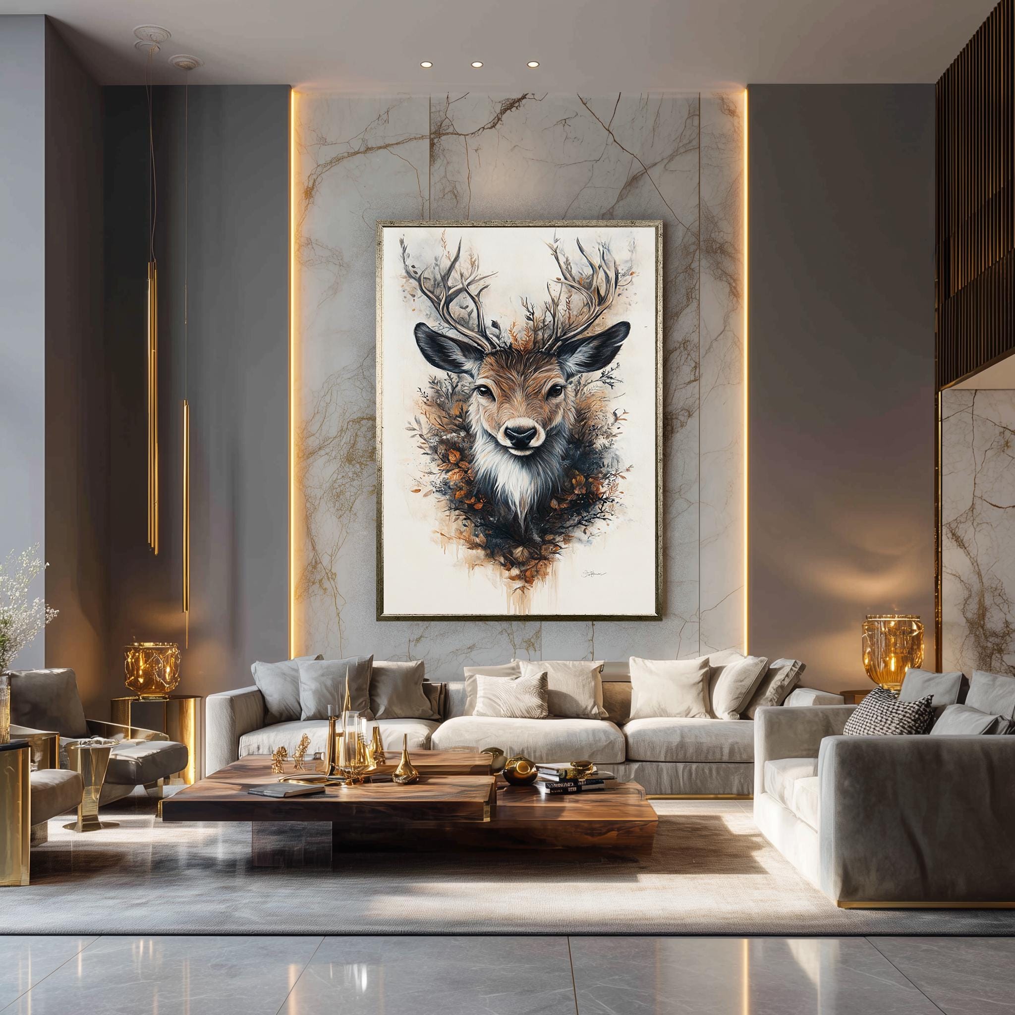 Autumn Deer Wall Art – Floral Antler Canvas | Rustic Woodland Botanical Print