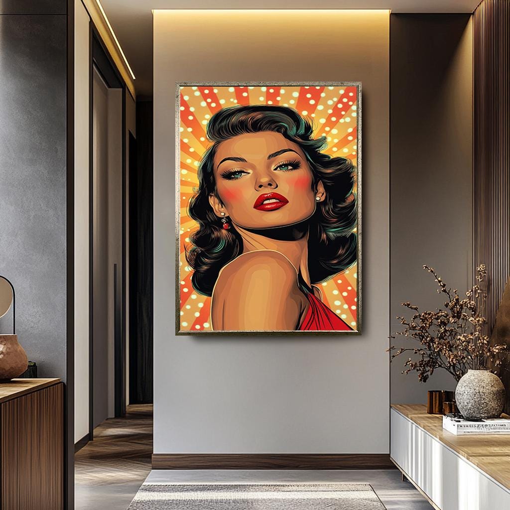 Pop Art Canvas Print – Glamorous Woman Retro Wall Art With Bold Makeup & Red Lips