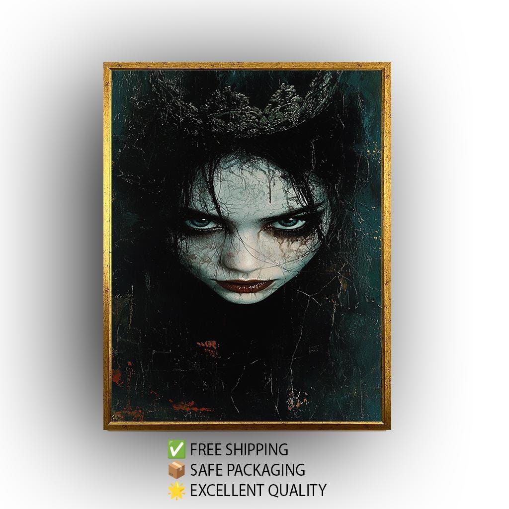 Gothic Woman Canvas Print – Dark Fantasy Portrait with Blue Eyes & Crowned Skin