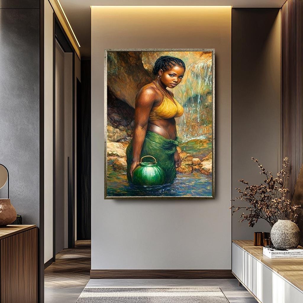 African Women Wall Art - Realistic Female Portrait Painting | Elegant Black Woman Artwork