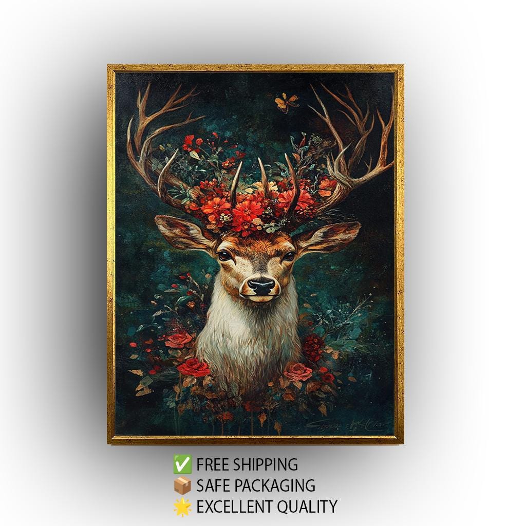Deer Floral Canvas Print – Woodland Wall Art | Rustic Animal Painting with Botanical Antlers