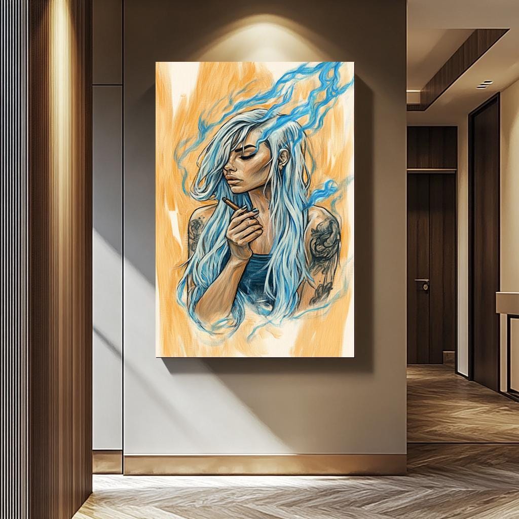 Boho Women Wall Art – Feminine Portrait Canvas with Blue Hair & Smoke Effect