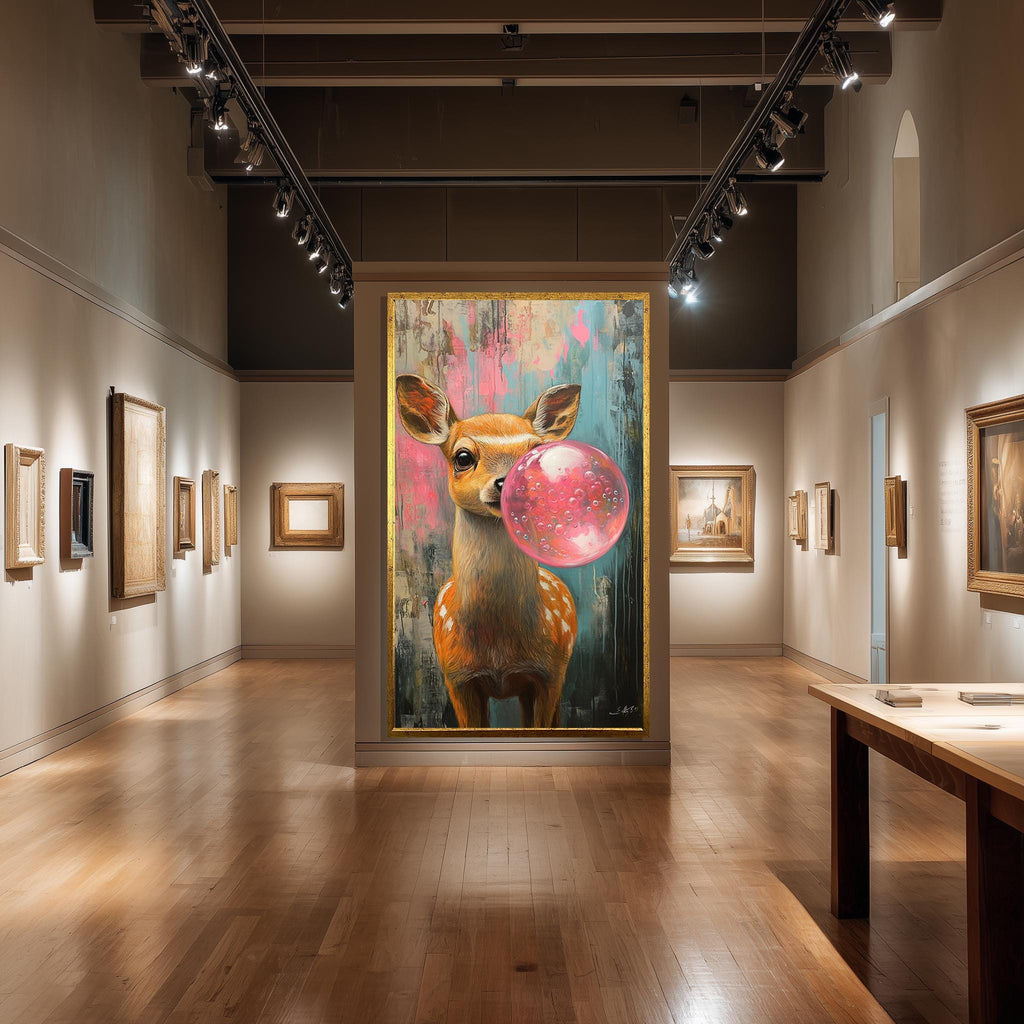 Deer Blowing Bubblegum Canvas – Cute Animal Nursery Wall Art with Colorful Grunge Background