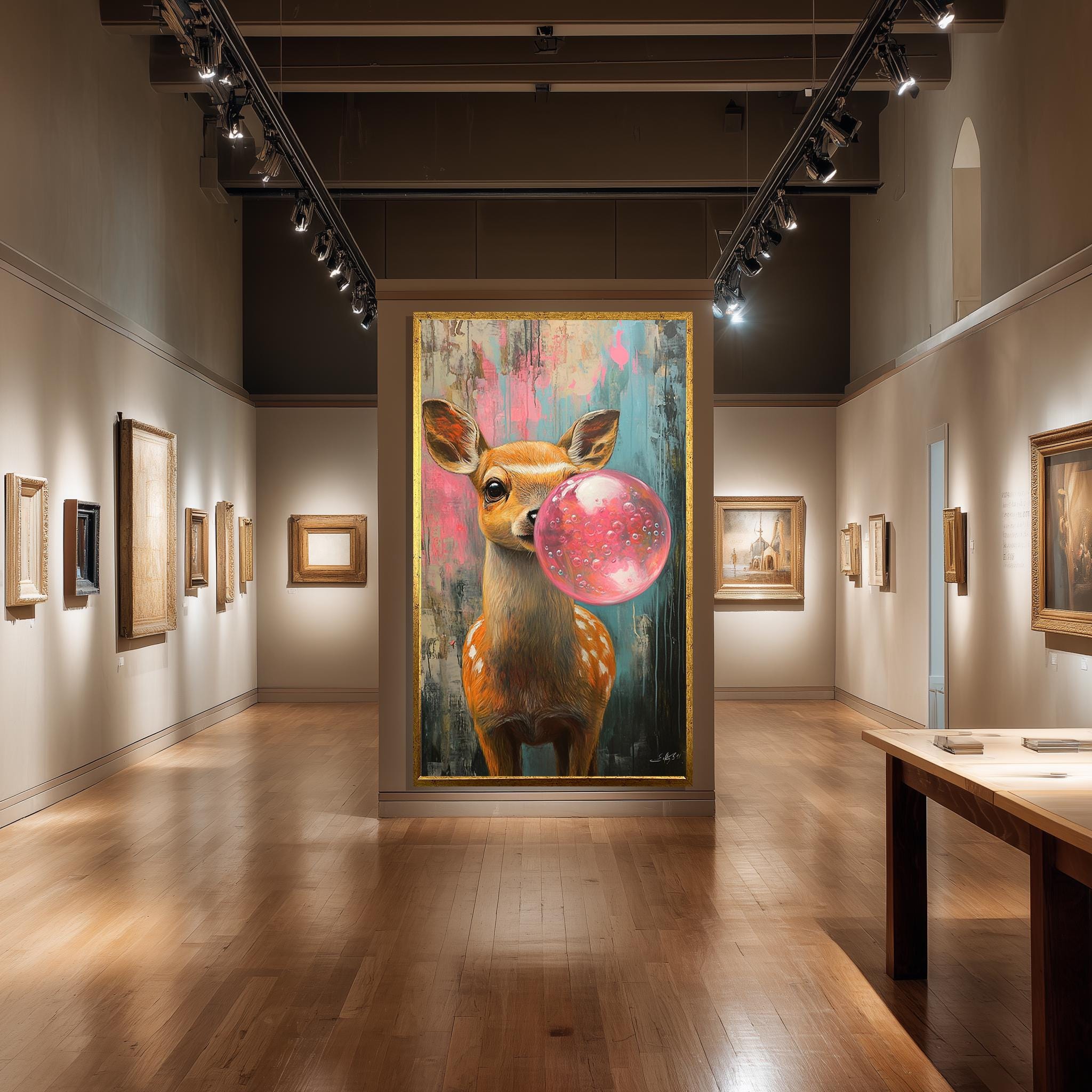 Deer Blowing Bubblegum Canvas – Cute Animal Nursery Wall Art with Colorful Grunge Background