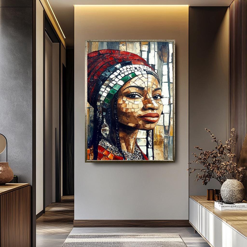 African Women Wall Art – Mosaic-Inspired Female Portrait Canvas | Vibrant Cultural Decor
