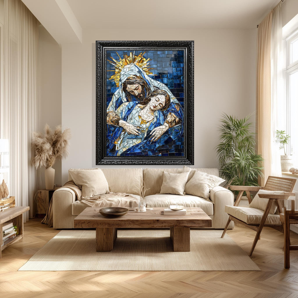 Byzantine Religious Canvas | Mosaic Style Pietà Print - Blue Gold Christian Wall Decor