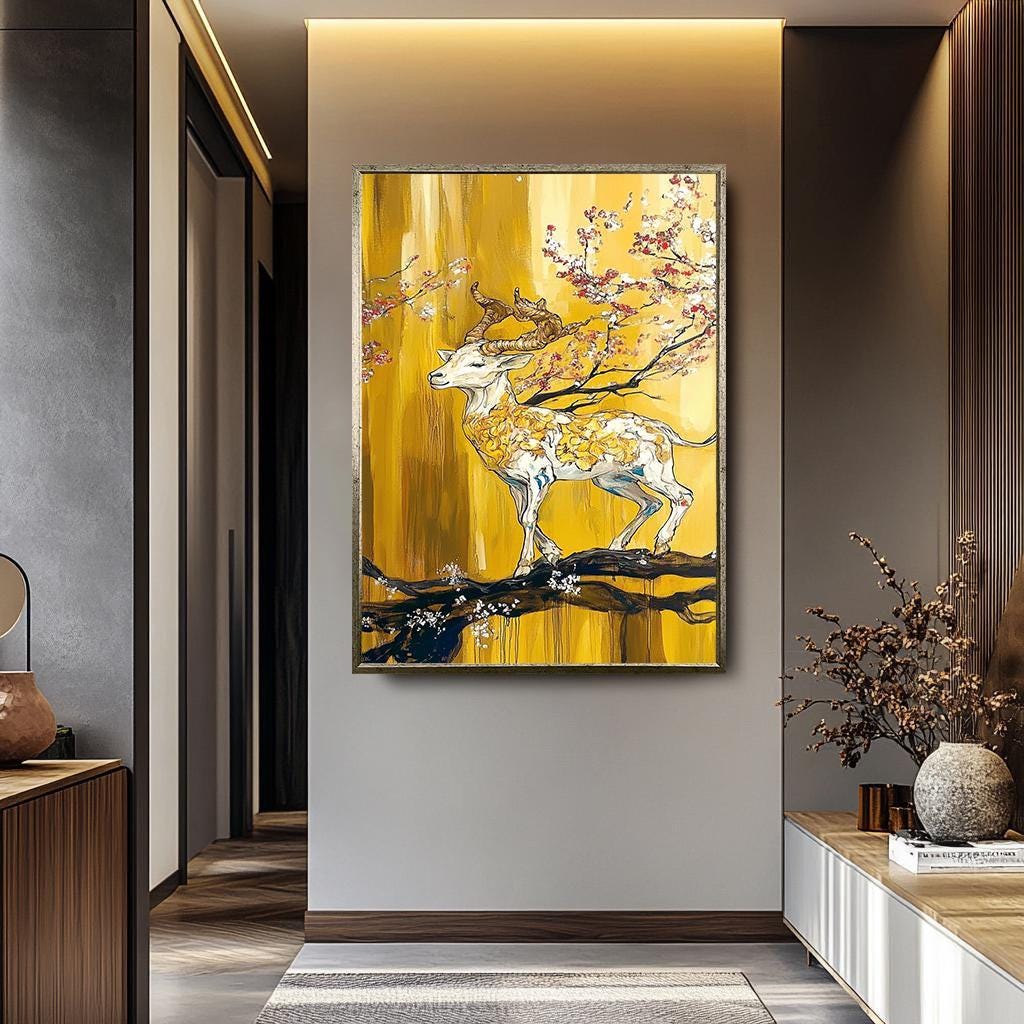Golden Deer Wall Art - Abstract Hand-Painted Canvas with Cherry Blossom Decor