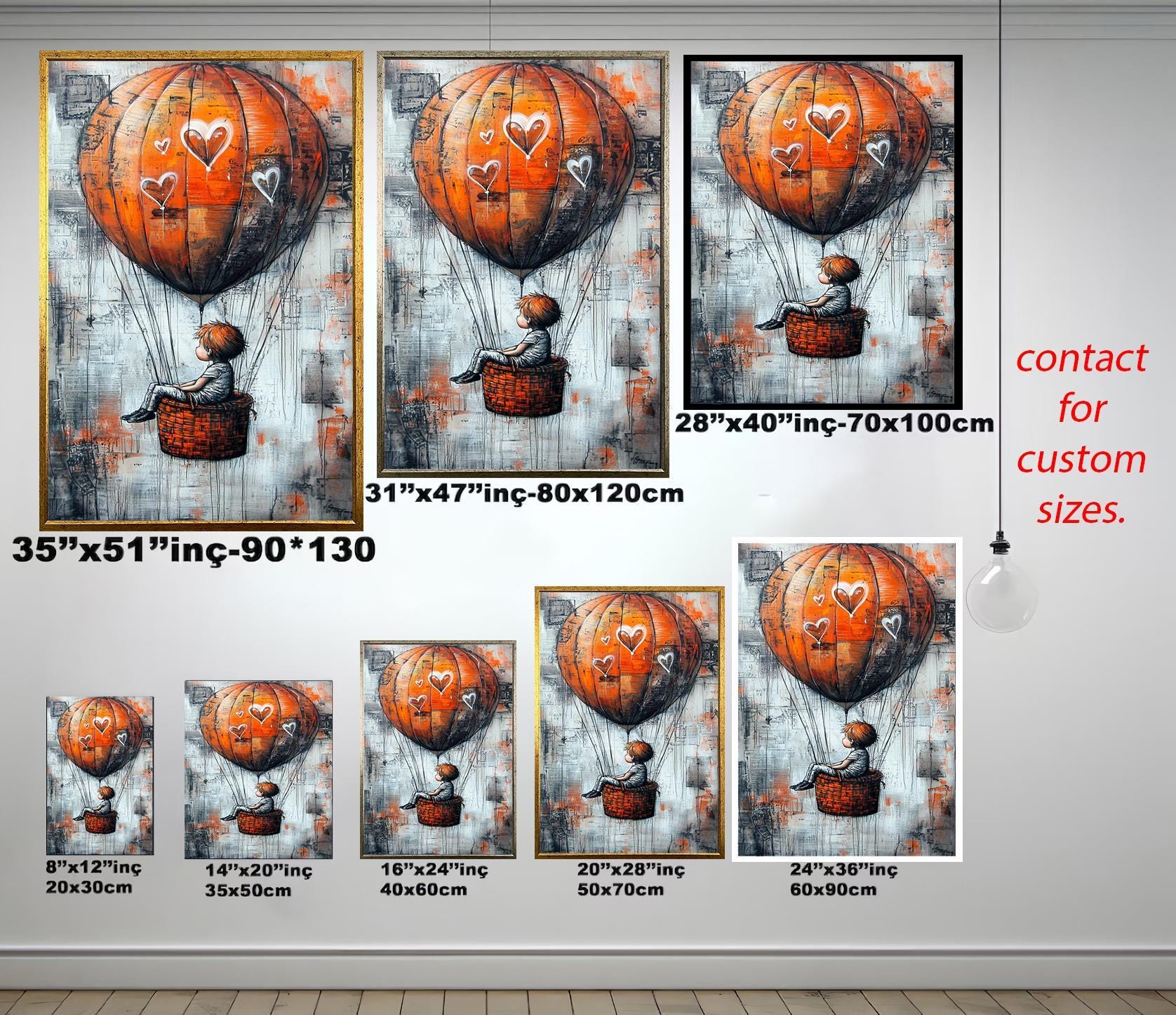 Orange Hot Air Balloon Art - Graffiti Style Canvas With Whimsical Hearts | Modern Urban Artwork