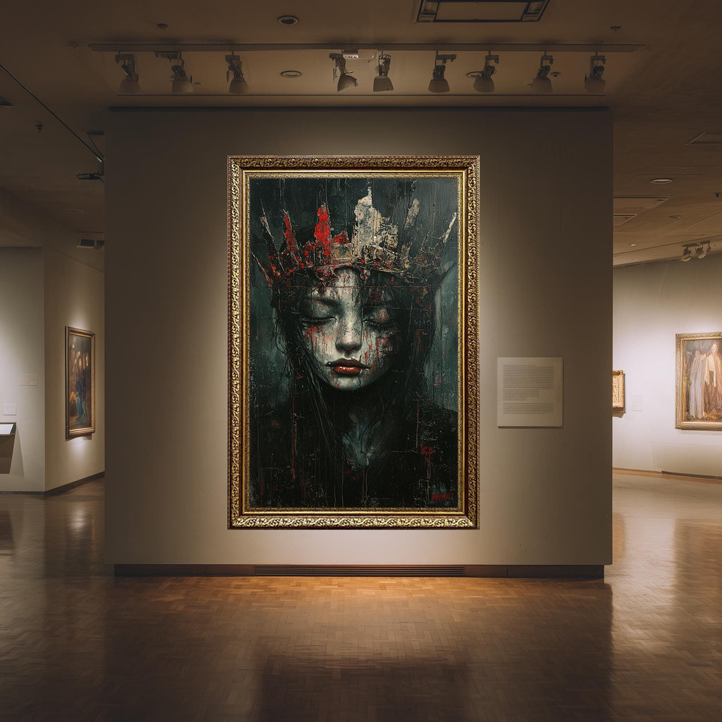 Gothic Queen Canvas Print – Dark Fantasy Art With Broken Crown & Textured Face