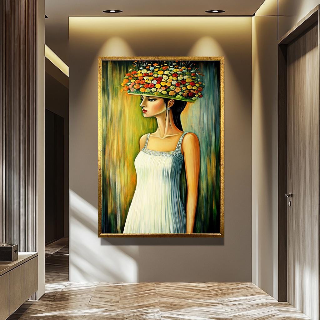 Floral Women Wall Art - Whimsical Portrait Canvas With Flower Hat | Elegant Botanical Decor