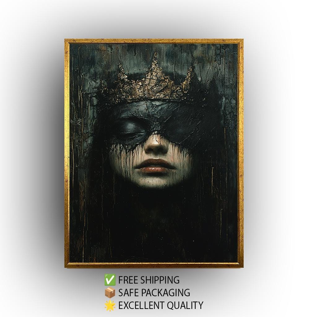 Dark Gothic Queen Art – Moody Fantasy Portrait Print With Crown | Gothic Wall Decor