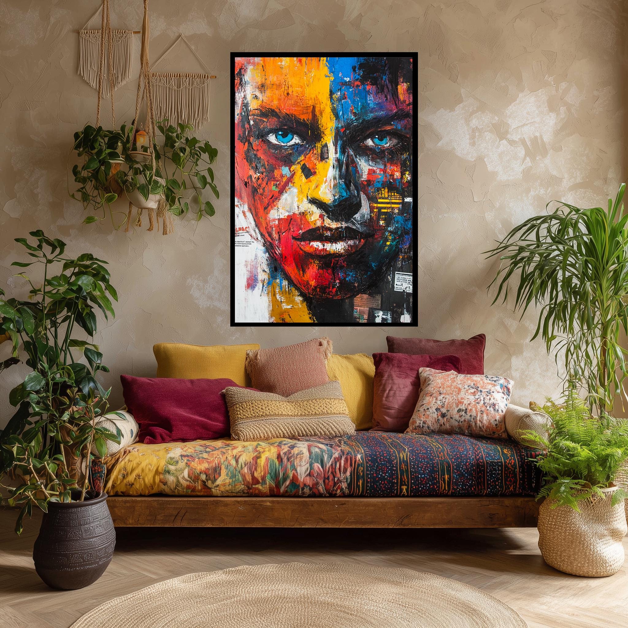 Abstract Face Canvas – Vibrant Wall Print With Intense Blue Eyes | Modern Wall Decor